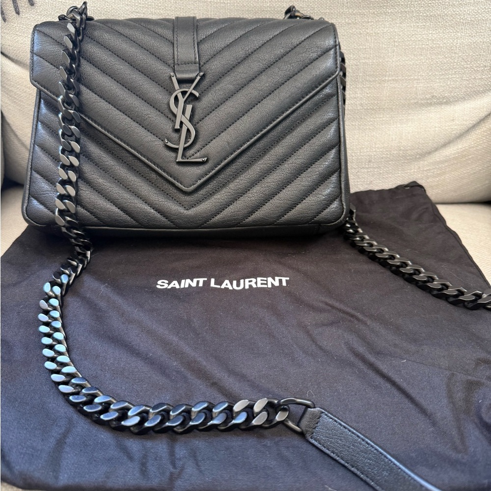 YSL Saint Laurent COLLEGE MEDIUM Matte Black Chevron Quilted Shoulder Bag